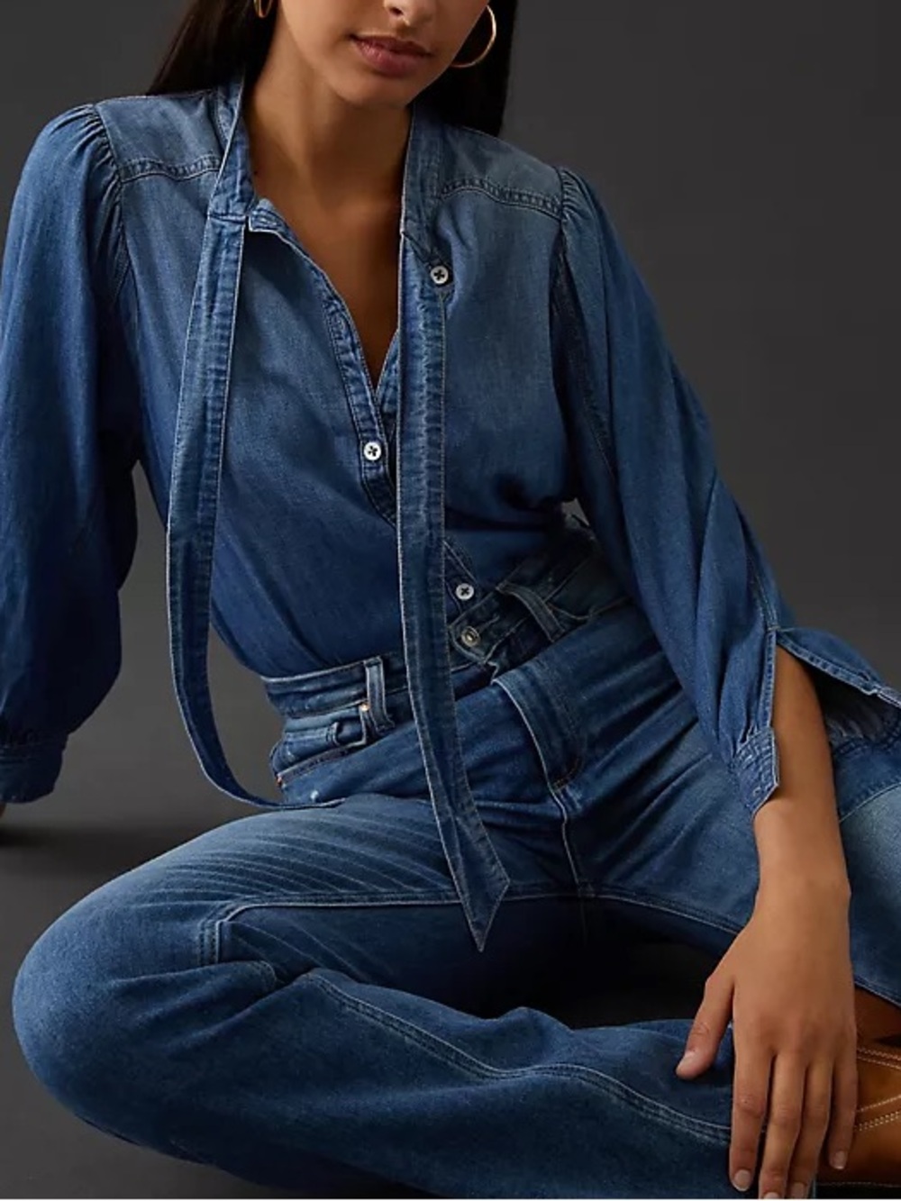 Anthropologie Pilcro Tie Neck Blouse Chambray Puff Balloon Sleeve Excellent M - Picture 9 of 11